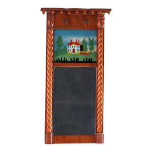 Antique Federal Mahogany Mirror With Eglomise Panel C1820