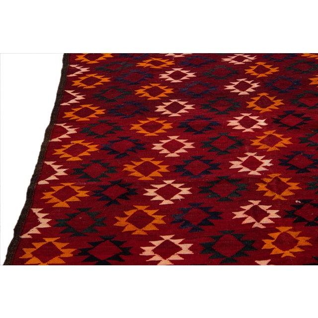 Textile Vintage Kilim Handmade Flatweave Geometric Red Wool Runner For Sale - Image 7 of 10