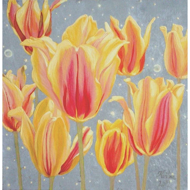 Tulips night blossomed. 2012, oil on canvas, 30x30 cm reddish-yellow tulips on silver background kristine kvitka (1983)...