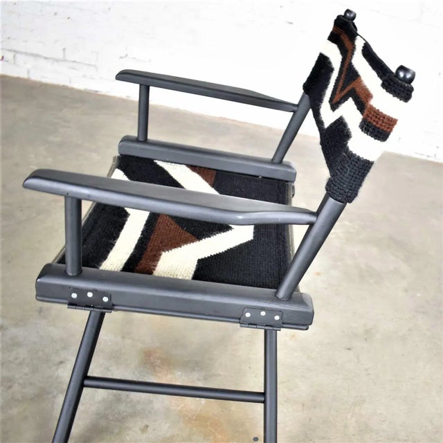 Vintage Modern Director’s Chair Folding Black Brown White Geometric Needlepoint For Sale - Image 9 of 13