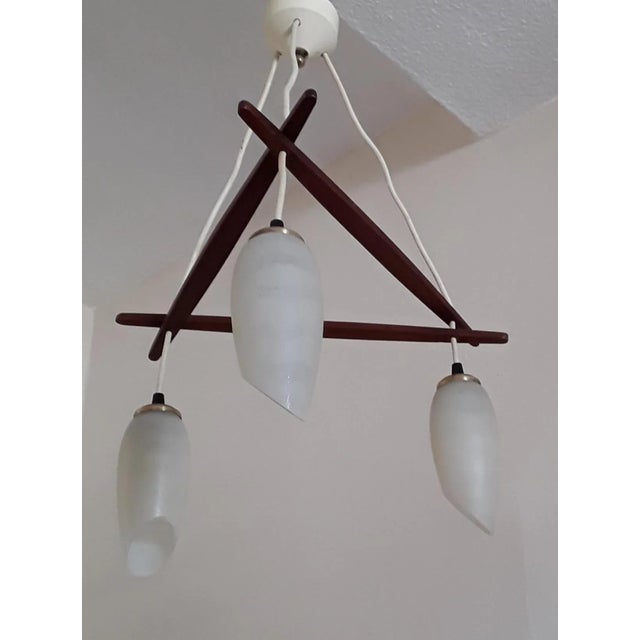 1960s Scandinavian Style 3-Flamed Ceiling Lamp in Teak and Glass Shade, 1960s For Sale - Image 5 of 12
