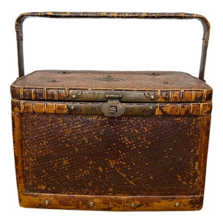 Woven Rectangular Picnic Basket with Handle & Hinged Lid For Sale