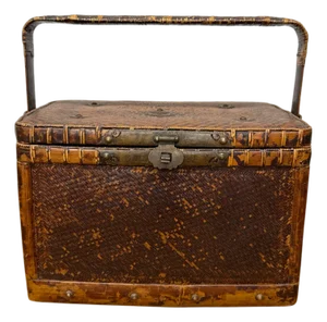 Woven Rectangular Picnic Basket with Handle & Hinged Lid