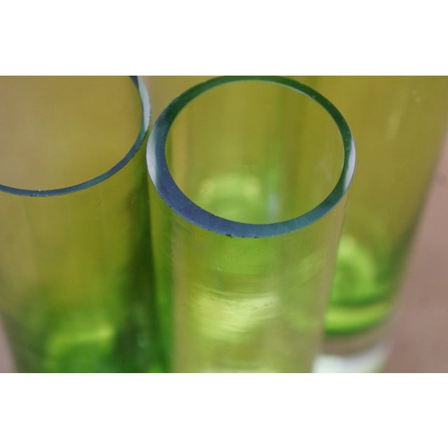 6 Chinese Emerald Green Blown Glass Graduated Tubular Torpedo Bud Vases 4" to 8" For Sale - Image 11 of 13