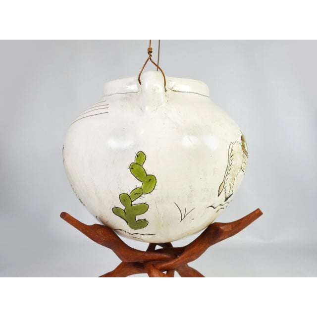 Late 20th Century Vintage Handmade Hand-Painted Mexican Pottery Vessel Pot Vase on Wooden Tripod Base For Sale - Image 5 of 10