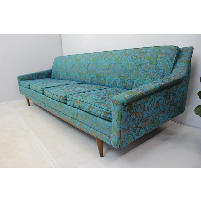 Mid Century Modern Floral Turquoise Large Sofa For Sale - Image 10 of 10