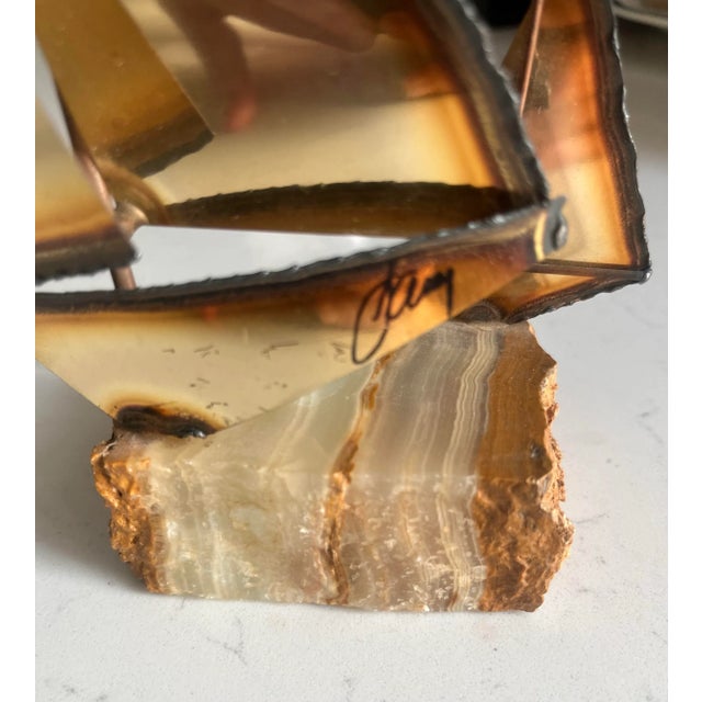 1970s Vintage Brutalist Brass Sailboat Sculpture on Onyx Base Signed-Mario Jason For Sale - Image 4 of 9