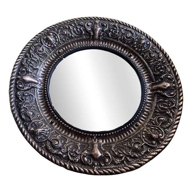 French-Style Round Mirror with Brass Frame, 1970s For Sale