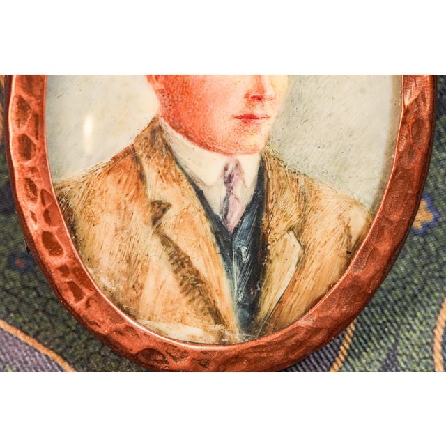 Handsome Antique Portrait Miniature Painting of Young Man Arts and Crafts Hammered Copper Frame Home Decor For Sale - Image 4 of 6