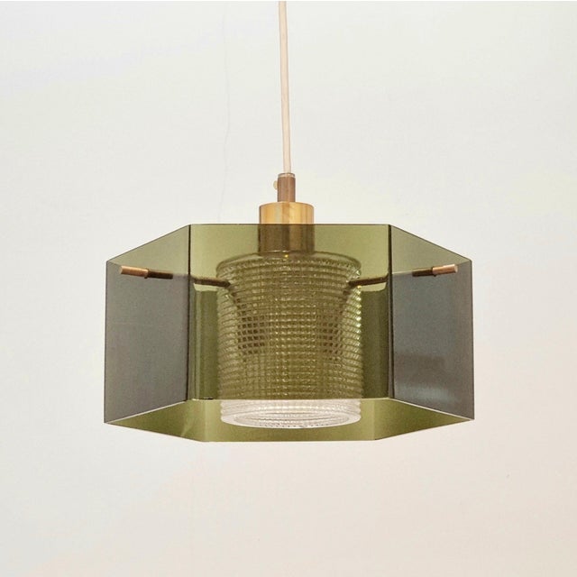 Stunning scandinavian mid-century modern glass & brass pendant/ceiling light by carl fagerlund for orrefors (sweden,...
