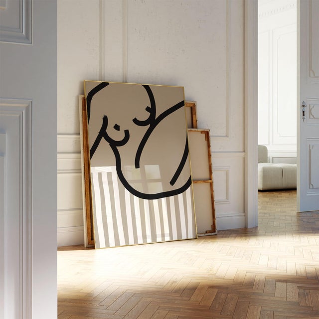 Woman figure open edition giclee print. 20"x28" Elegant female silhouette black bold lines drawing on beige background....