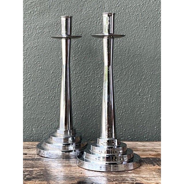 Vintage Stepped Base Chrome Candlesticks For Sale - Image 10 of 12