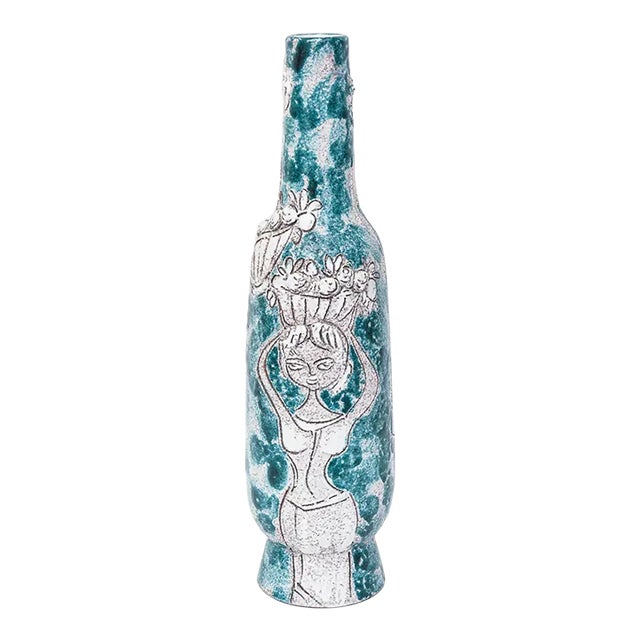 1960's Italian Glazed Ceramic Raymor, Gambone Style Vessel, Object or Sculpture Turquoise and White For Sale