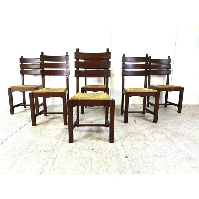 Brutalist Vintage Brutalist Oak and Wicker Dining Chairs, 1960s, Set of 6 For Sale - Image 3 of 12