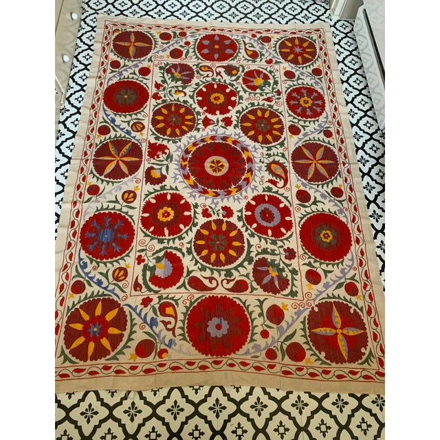 Vintage Colorful Hand Embroidered Floral Pommagranite Suzani Textile Bukhara Uzbekistan For Sale - Image 10 of 13