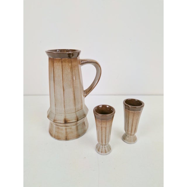 Cubist Studio Pottery Pitcher Vase & 2 cups, 1950s Unusual Cubist Studio pottery pitcher vase, and 2 cups. Mid 20th...