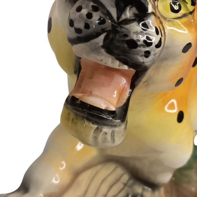 Vintage Ceramic Leopard Cheetah Statue Figurine on Green & Brown Base 12" X 3" X 6" Made in Japan For Sale In Austin - Image 6 of 17