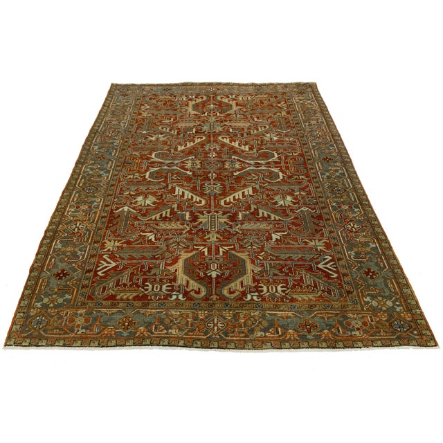 Persian 6x9 Antique Persian Heriz Serapi Rug Hand-Knotted Wool, Geometric Medallion For Sale - Image 3 of 9