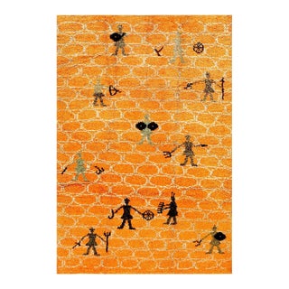 1950s Orange Figurative Swedish Scandinavian Rya Rug 6'6" X 9'9" Handknotted Wool Carpet For Sale