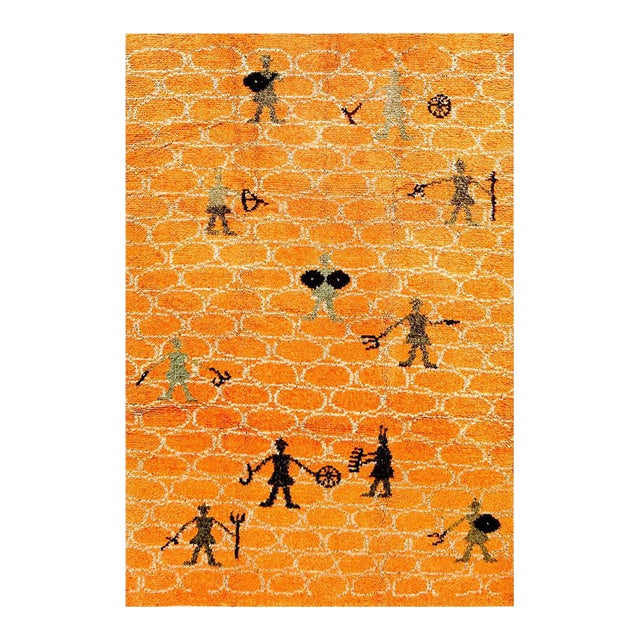 1950s Orange Figurative Swedish Scandinavian Rya Rug 6'6" X 9'9" Handknotted Wool Carpet For Sale
