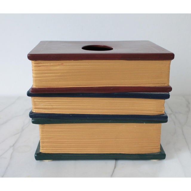 Maroon 1990's Trompe l'Oeil Stacked Books Ceramic Tissue Box Cover For Sale - Image 8 of 11