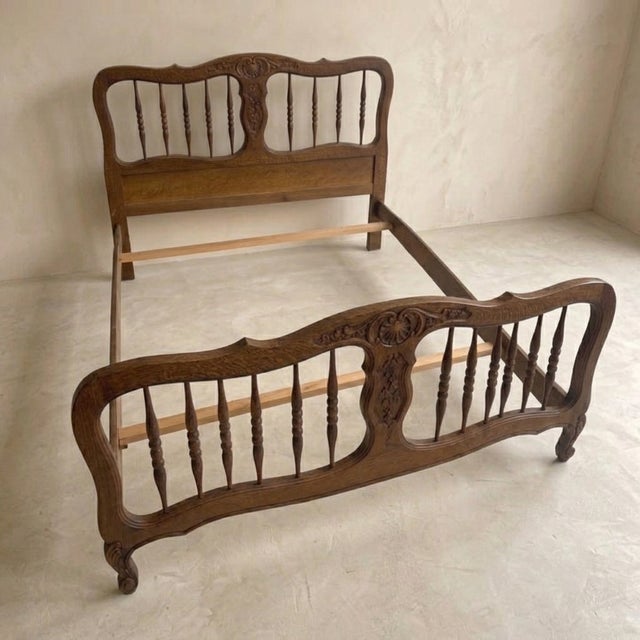 Brown Vintage 20th Century Carved Wooden Bed Frame with Ornamental Headboard & Footboard For Sale - Image 8 of 14