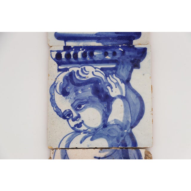 Baroque 18th Century Set of Four Tiles Depicting a Cherub Holding a Baroque Torchiere For Sale - Image 3 of 10
