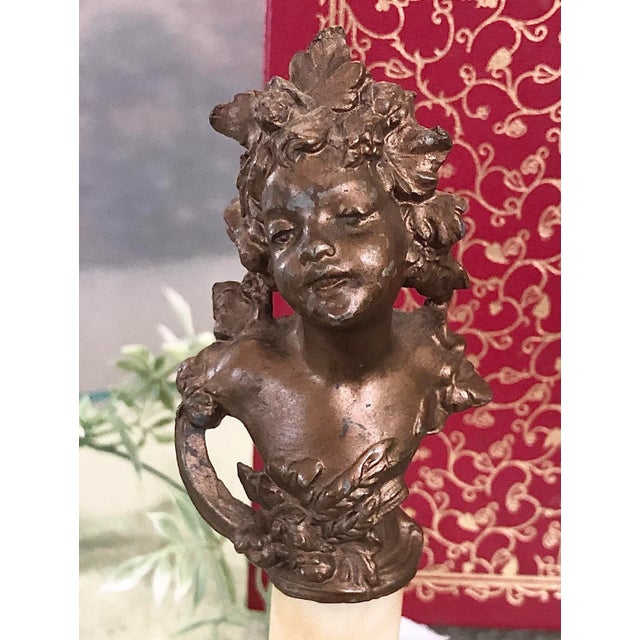 Art Nouveau Antique Spelter Bust on Marble Victorian Child Bust Bronzed For Sale - Image 9 of 10
