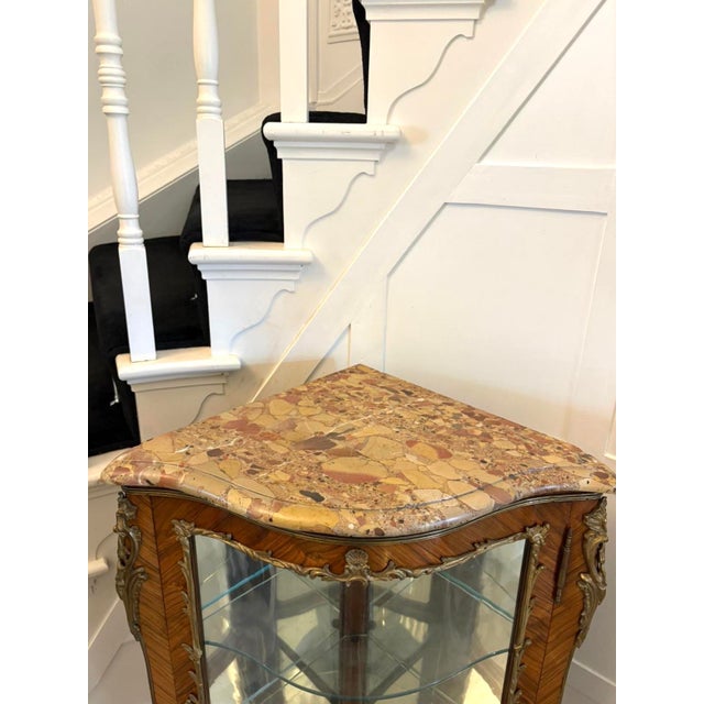 Antique French Kingwood Serpentine Corner Display Cabinet with Marble Top and Ormolu Mounts, 1860 For Sale - Image 9 of 12