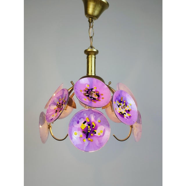 Hollywood Regency Vintage Floral Glass Chandelier Hand Painted Purple Ceiling Light One of a Kind Statement Lighting For Sale - Image 3 of 11