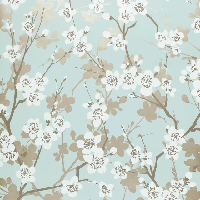 Art Deco Sample - Schumacher Ming Cherry Blossom Wallpaper in Aqua For Sale - Image 3 of 3