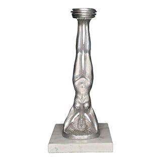 1980s Vintage Art Nouveau Nude Head Stand Metal Sculpture on Marble Stand / Ring Caddy For Sale