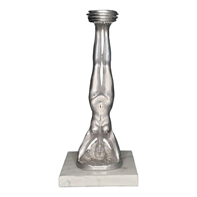 1980s Vintage Art Nouveau Nude Head Stand Metal Sculpture on Marble Stand / Ring Caddy For Sale