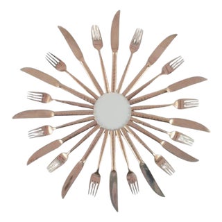 Scandinavian Twelve-Person Dinner Service in Hammered Brass, 1970s, Set of 24 For Sale