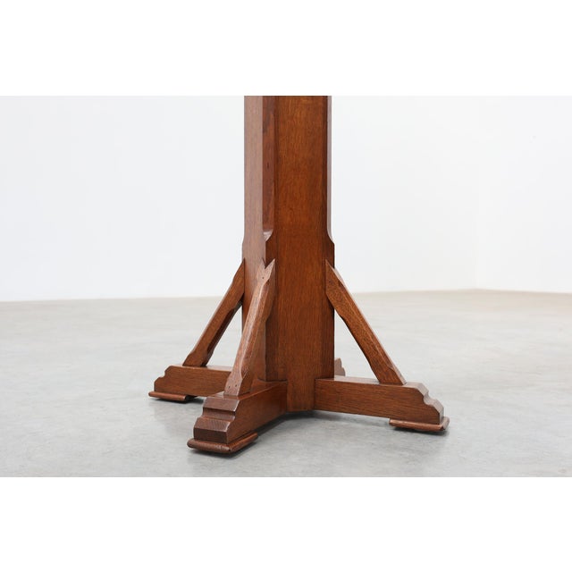 Brown Art Deco Oak Pedestal with Pierced Brackets and Cross Base, Belgium, 1920s For Sale - Image 8 of 16