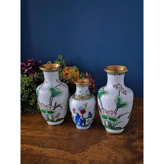 Vintage Chinese Enameled Cloisonné Vase Set For Sale - Image 10 of 18