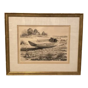 Mid 20th Century "Beached" Albert Bross, Jr. Pencil Signed Coastal Lithograph, Framed