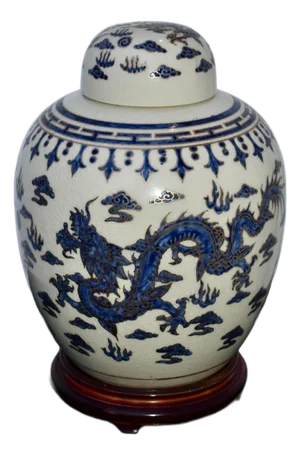 Vintage Ming Dynasty Porcelain Ginger Jar W/Dragon & Wood Base
