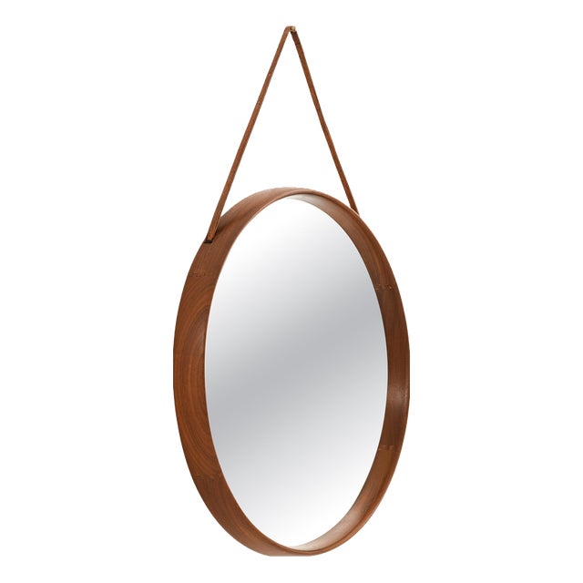 Large Round Mirror with Teak Frame attributed to Uno and Östen Kristiansson, 1950s For Sale