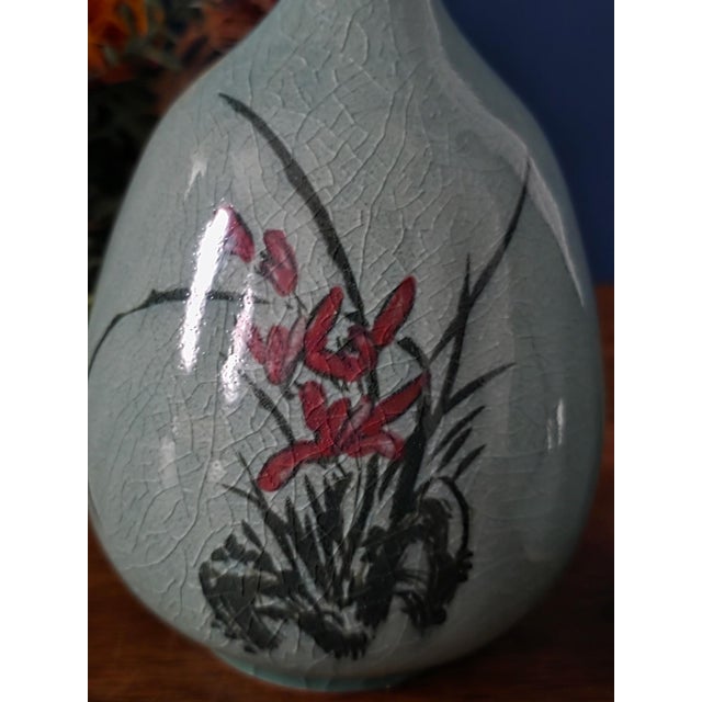 Vintage Asian Hand Painted Celadon Vases For Sale - Image 12 of 13