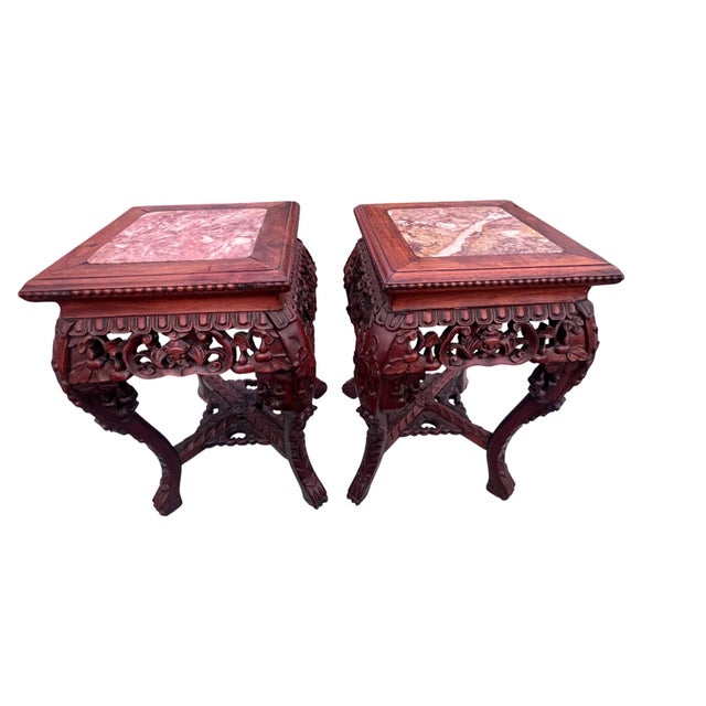 Antique Carved Asian Marble Top Chinese Stands a Pair For Sale - Image 4 of 12