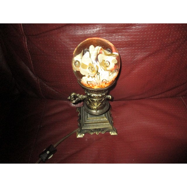 Brass Vintage Brass Glass Globe Terrarium Lamp Accent Lightup White Roses Lantern Rare For Sale - Image 8 of 9