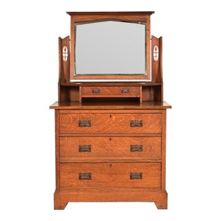 Liberty & Co. Antique English Mission Oak Arts & Crafts Vanity Dresser With Mirror, Circa 1900 For Sale