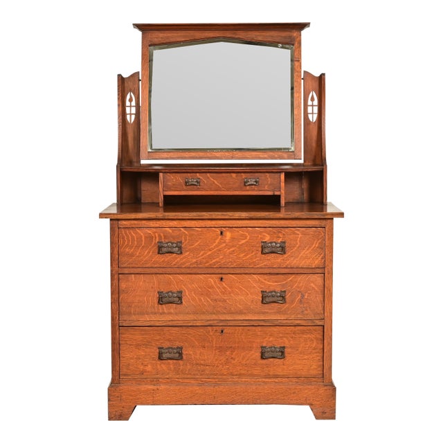 Liberty & Co. Antique English Mission Oak Arts & Crafts Vanity Dresser With Mirror, Circa 1900 For Sale