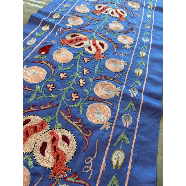 Periwinkle Silk Suzani Runner With Peach Pomegranates For Sale In New York - Image 6 of 7