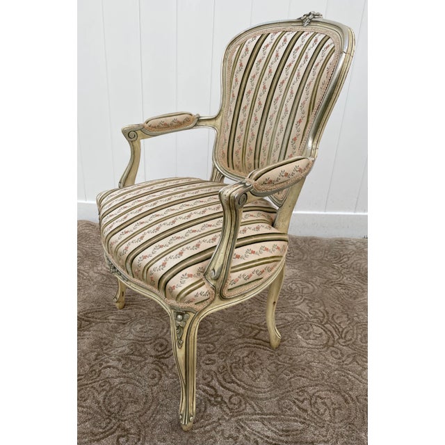 Cream Painted Wood Arm Chair Vintage Venetian Style Carved Cream Green Floral Stripe For Sale - Image 8 of 13