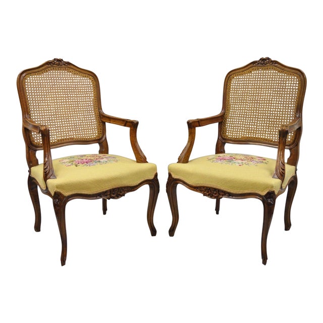 French Country Louis XV Style Cane Back Chairs Needlepoint Armchairs