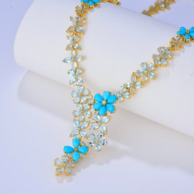 Nina Zhou Serenity Aquamarine Turquoise Diamond Statement Necklace in 14k Yellow Gold For Sale In Los Angeles - Image 6 of 11