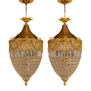 1980 French Louis XVI Gold Bronze Crystal Lanterns Pair For Sale