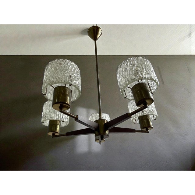 Swedish Modern Teak, Brass and Art Glass Chandelier by Carl Fagerlund for Orrefors, 1960s For Sale - Image 9 of 10